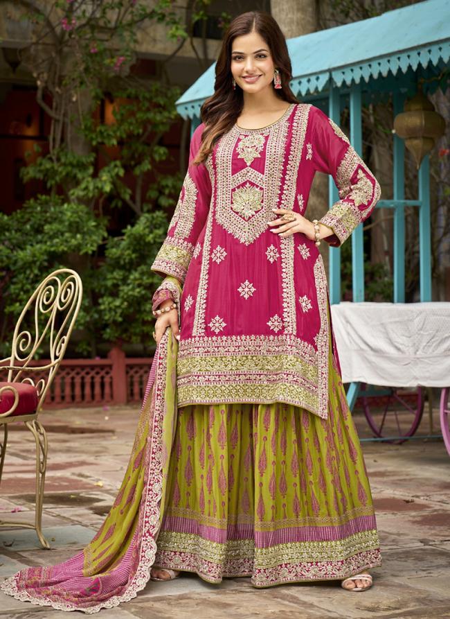Heavy Chinnon Hot Pink Wedding Wear Embroidery Work Readymade Plazzo Suit